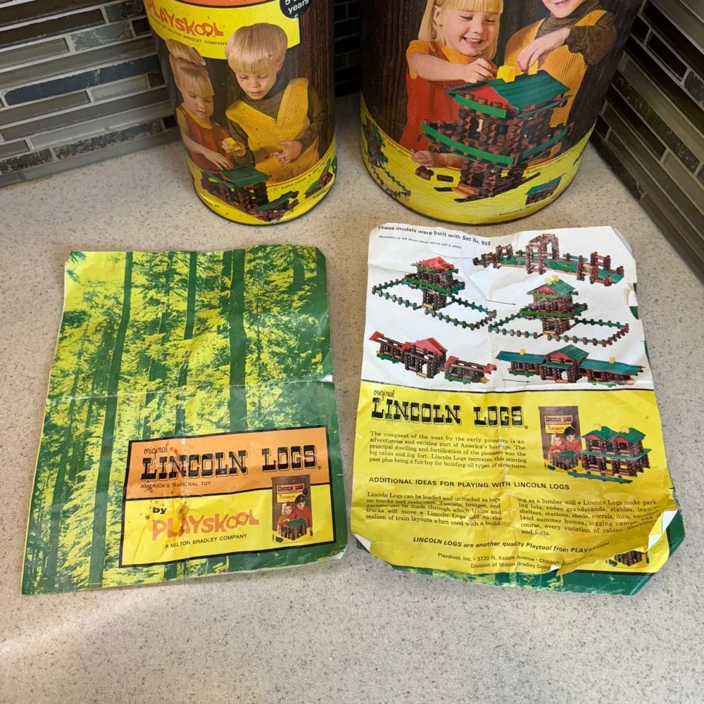 VTG Playskool Lincoln Logs Wood Building Sets No #890 & #893 w/ Canisters 300pc